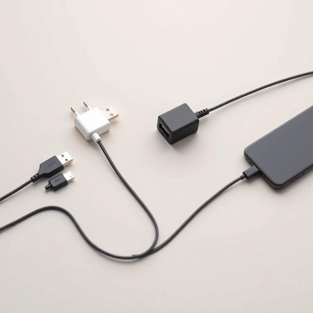 USB-C charging cables with visible USB-C connectors alongside a smartphone and wall charger on a light background