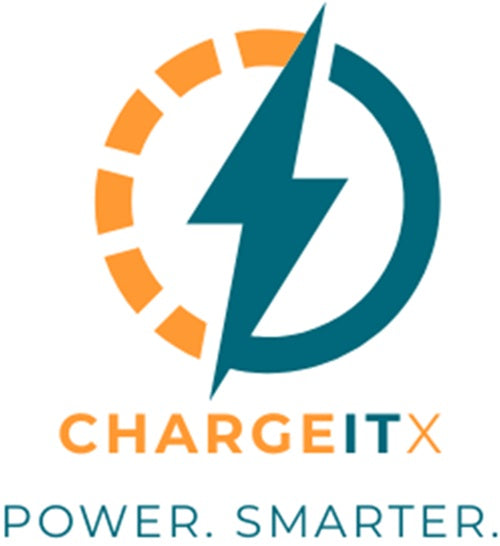 Logo of CHARGEITX with a blue lightning bolt and orange accents on a white background.